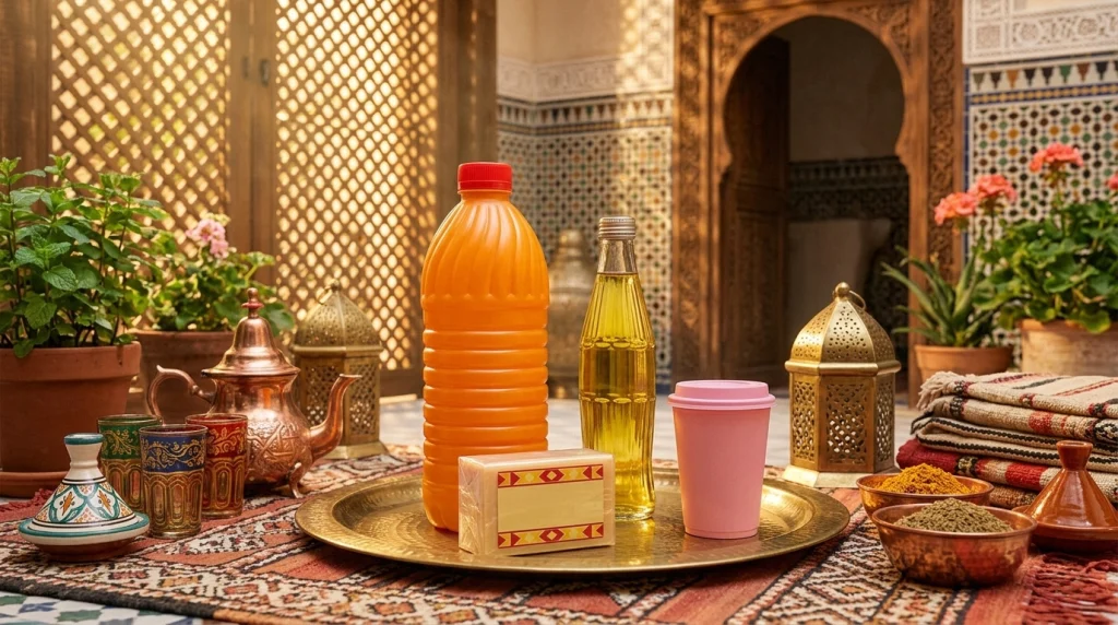 An arrangement of products resembling iconic products that became national brands for many moroccans.